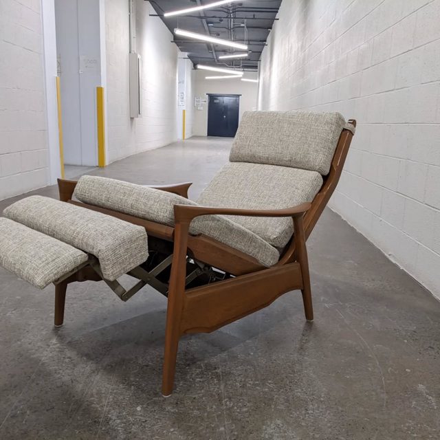 Montreal-made mid century recliner and sofa, repaired, refinished and new cushions made.