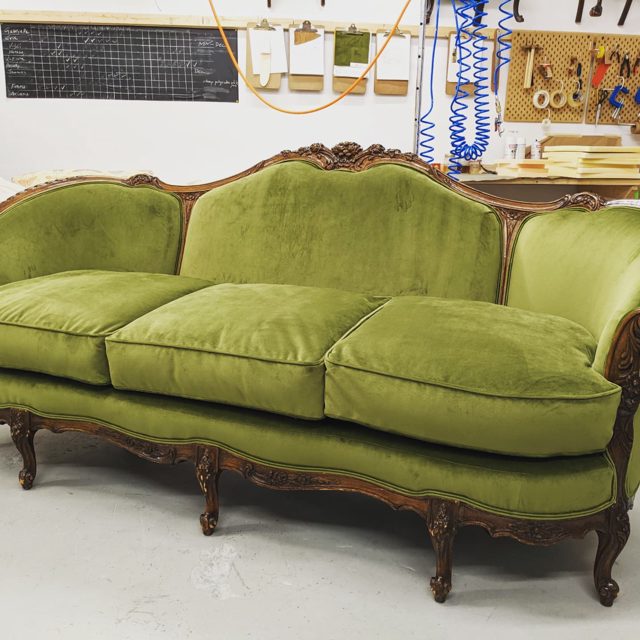 From cat scratched and saggy to lovely again in Ennis Franklin fabric.