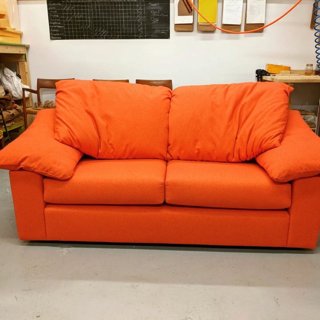 Loveseat transformed with all new foam and a bold colour choice!/