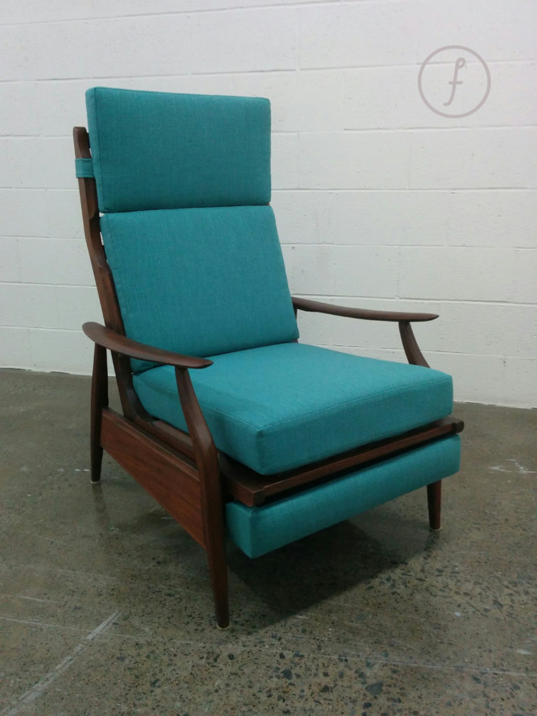 Mid-century wooden armchair reupholstered in teal fabric